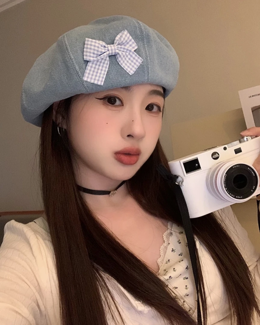 网红百搭原创甜美格子蝴蝶结牛仔贝雷帽春夏显脸小帽子百搭画家帽