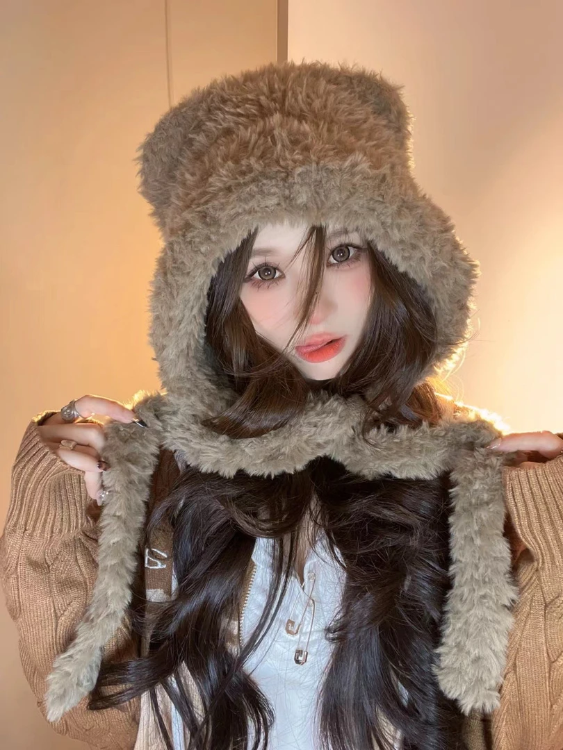 【小耳朵熊】冬季甜美加绒加厚糯叽叽大头围护耳帽可爱保暖冬天帽子