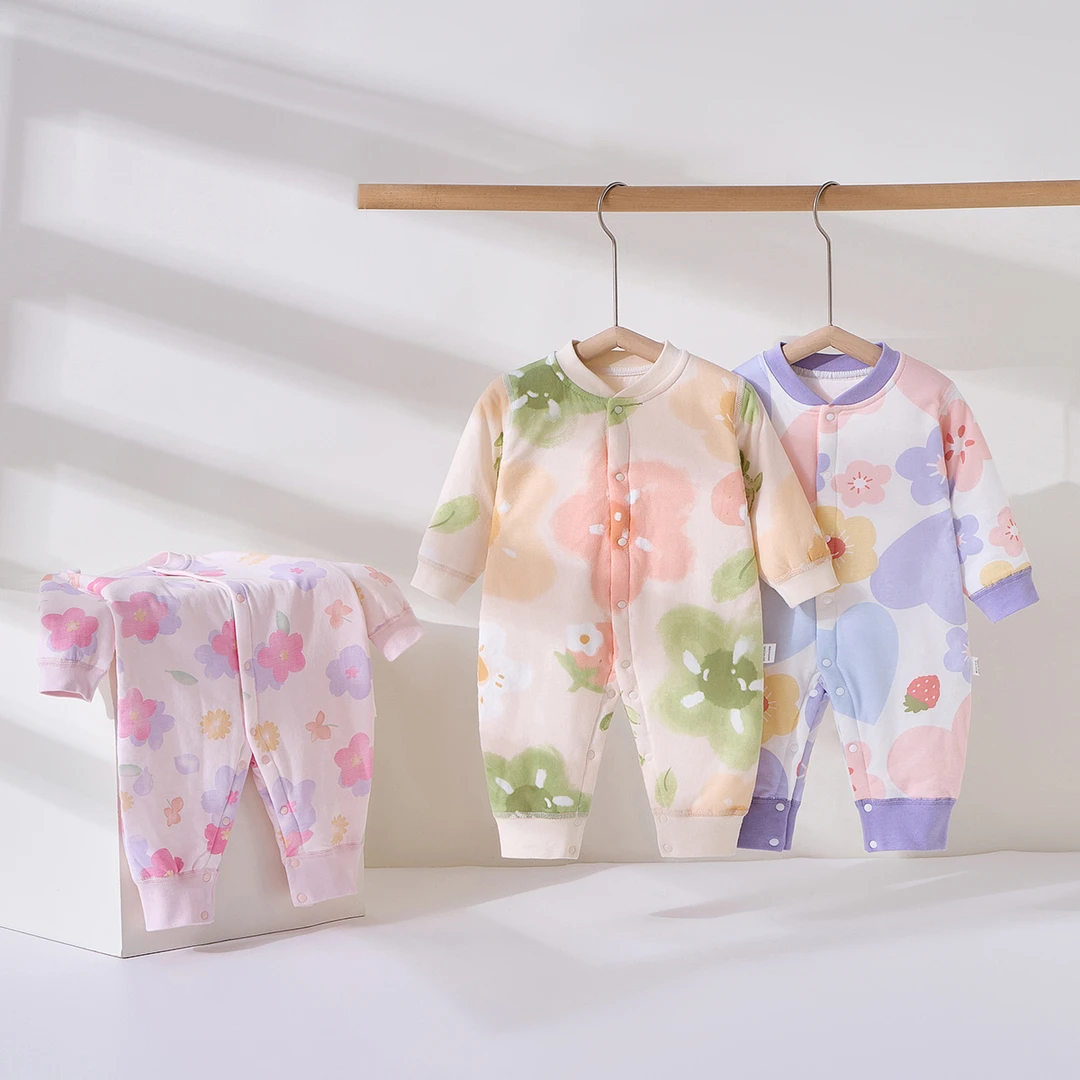 婴儿连体衣无骨纯棉新生儿a类中开ins长袖40g秋冬薄棉服宝宝哈衣