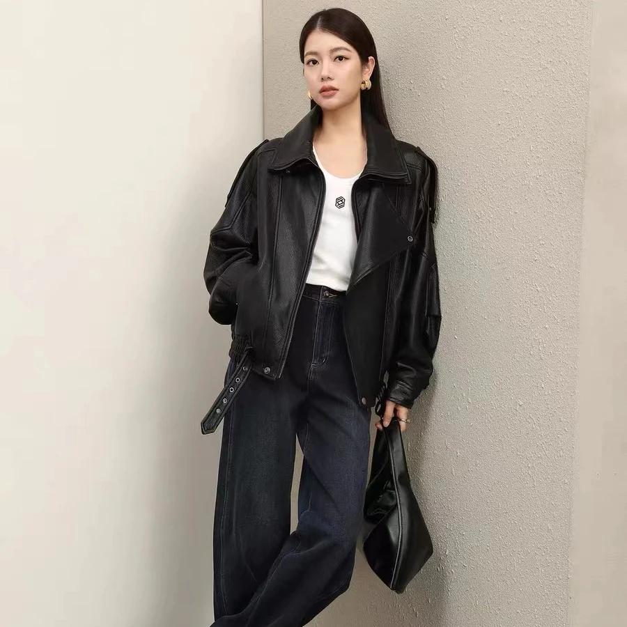 2024新款羊皮荔枝纹皮衣双层领廓形宽松酷飒机车皮夹克外套1739