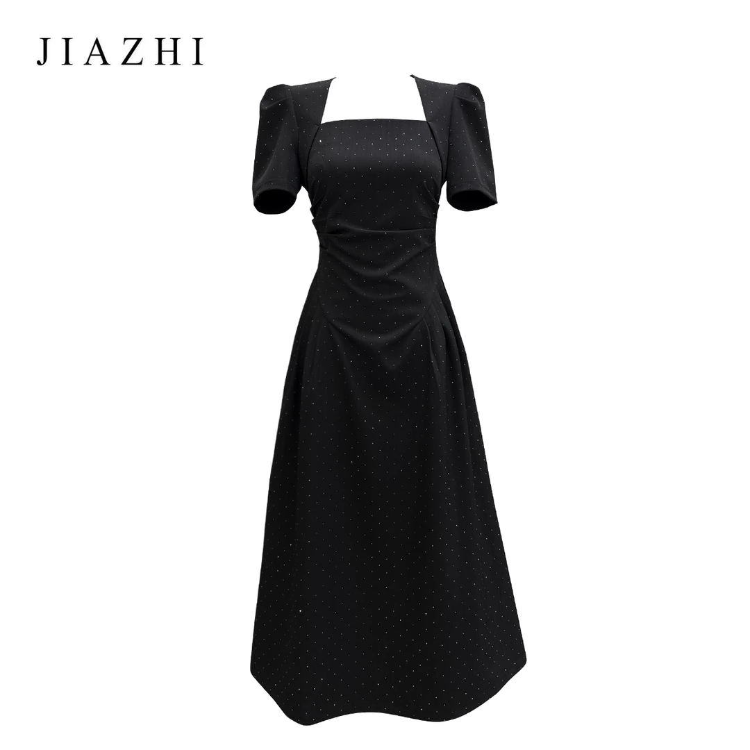 【现货清仓】黑色烫钻连衣裙女夏季收腰显瘦法式气质赫本风方领长裙