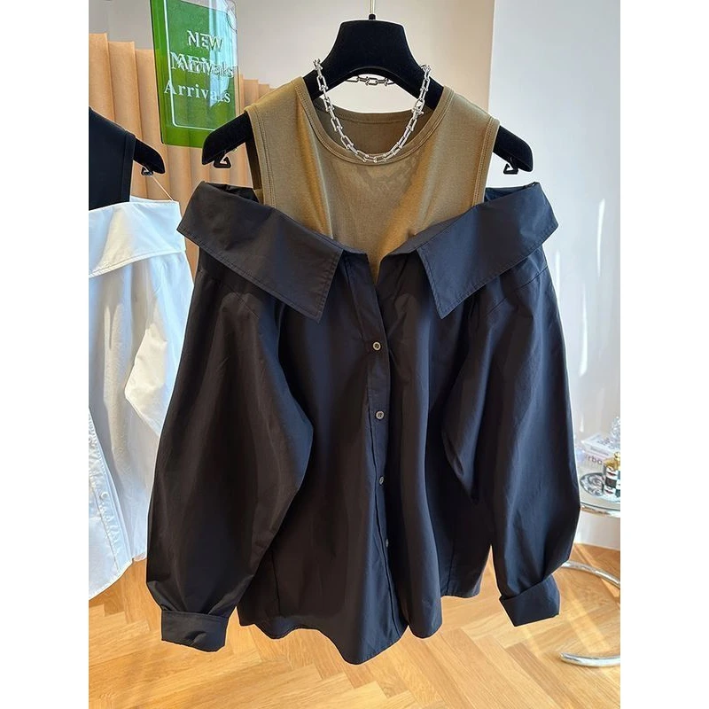 2025秋季新款露肩时尚潮流女装宽松背心拼接长袖衬衫假两件上衣