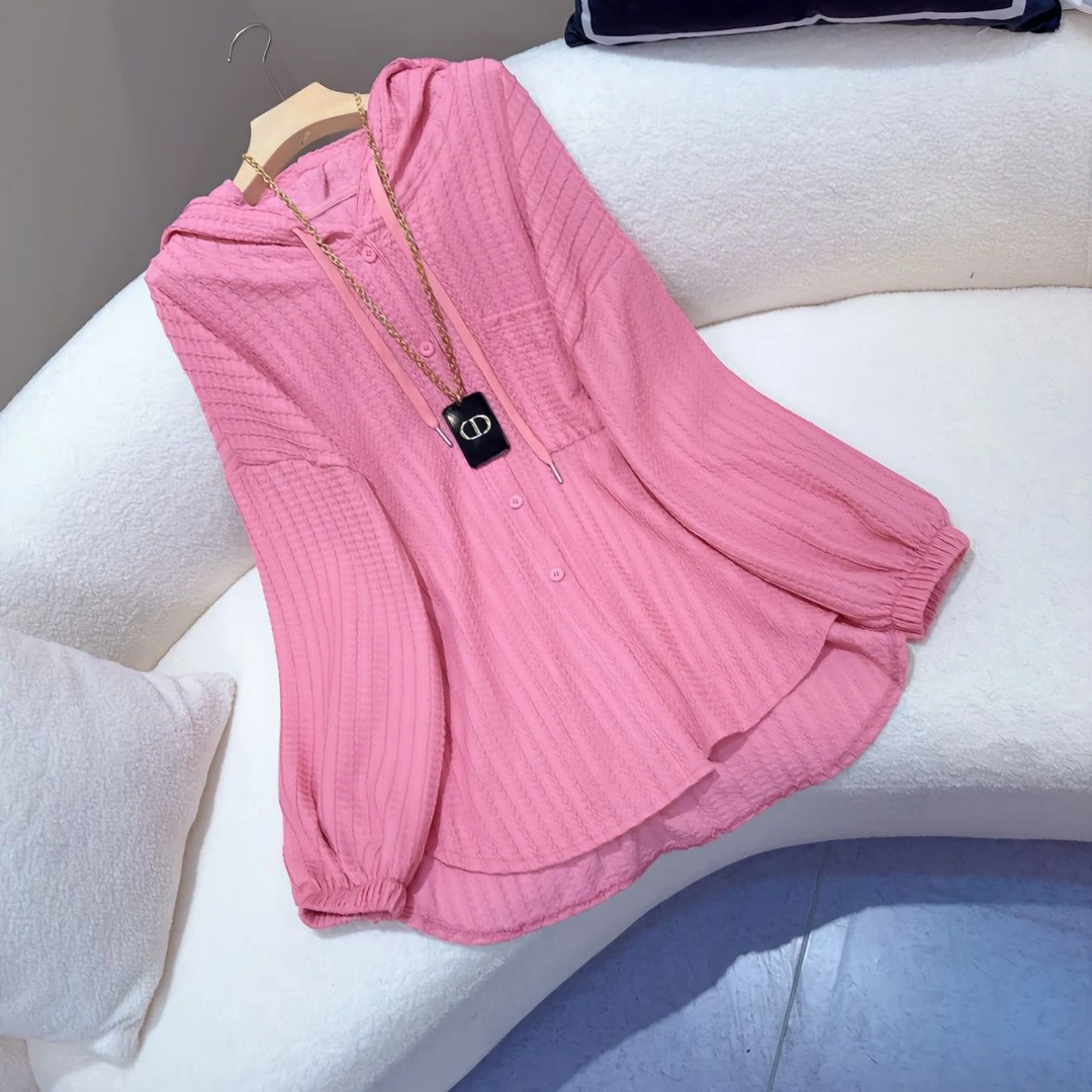 2025新款洋气连帽衬衫开衫款轻奢风休闲宽松显瘦中长款衬衣