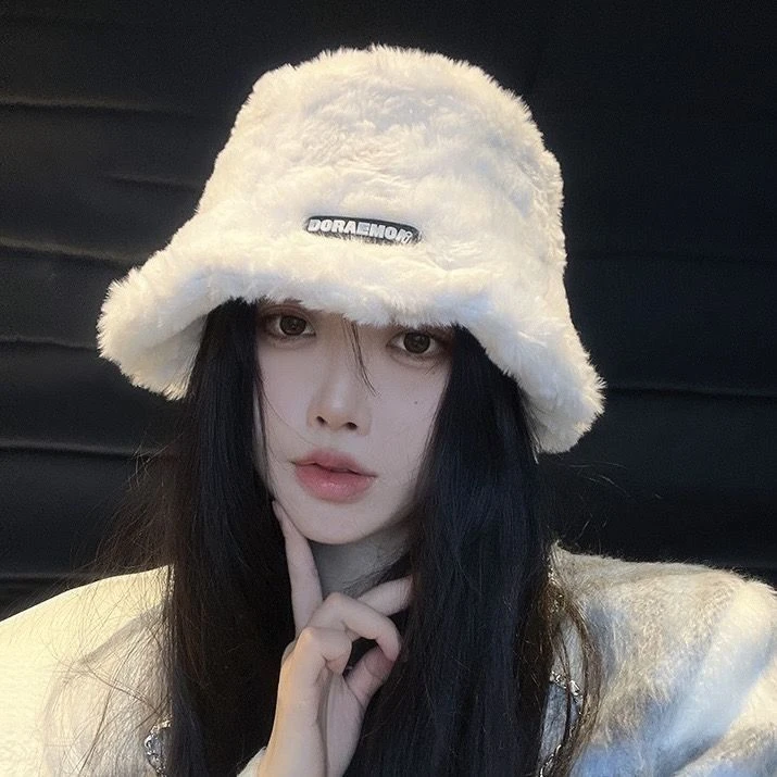 白色毛毛渔夫帽子女冬季百搭新款加绒保暖韩版百搭素颜水桶盆帽潮