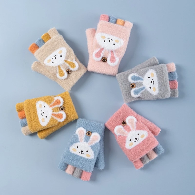 冬季新款儿童手套半指翻盖保暖小孩大童学生写字男女童露五指冬天