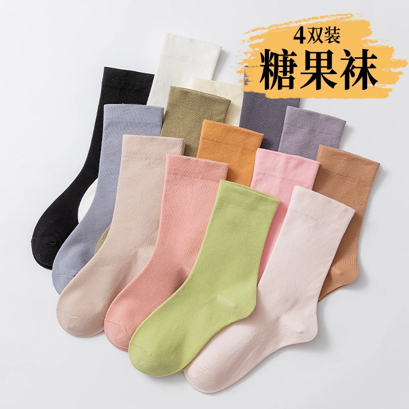 女士糖果色百棉纯棉ins简约月子袜百搭中筒袜腿粗胖mm堆堆直筒袜