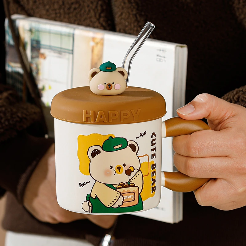 创意小熊陶瓷杯子可爱少女心马克杯带盖吸管杯办公室大容量咖啡杯