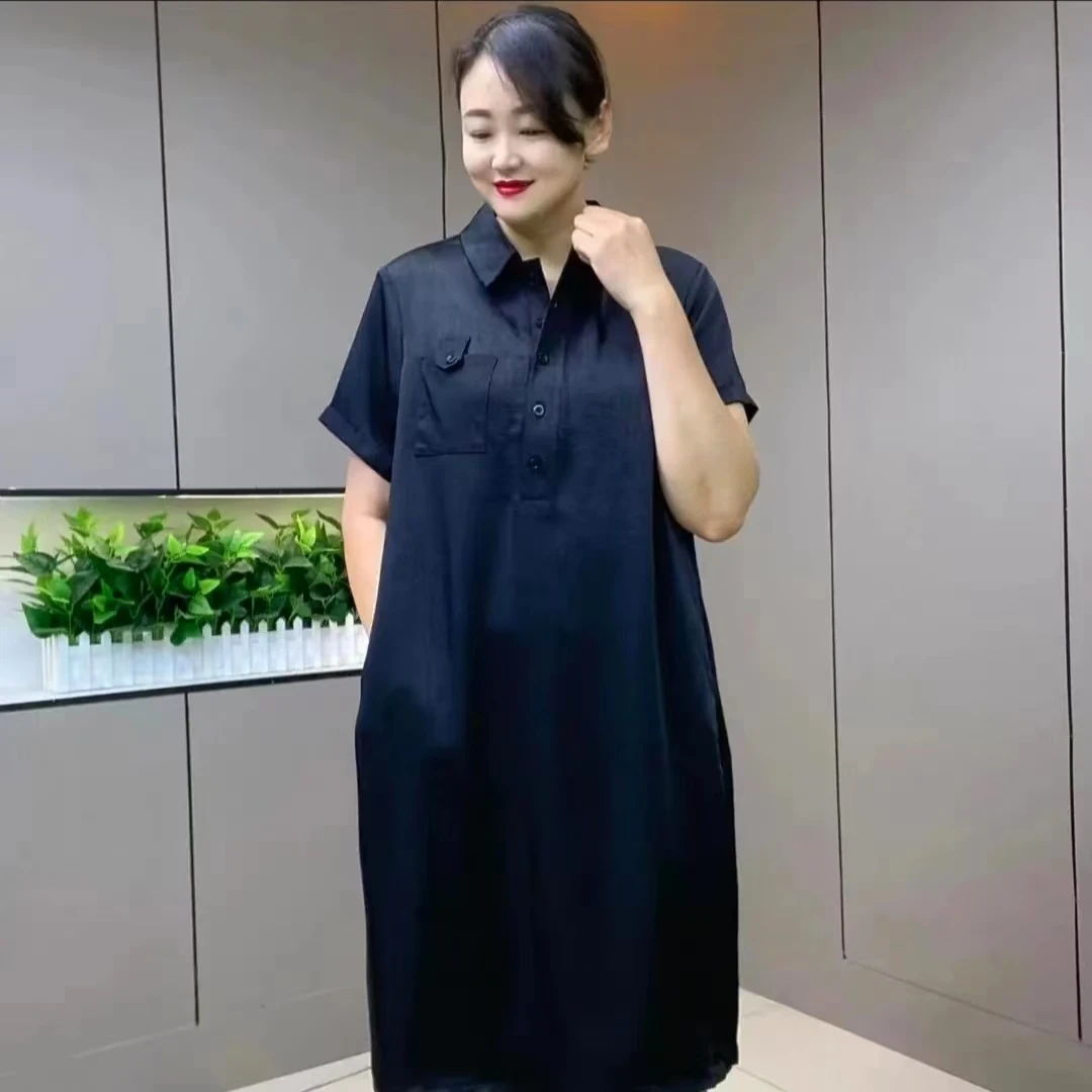 夏季新款时尚洋气中长款大口袋双面缎连衣裙