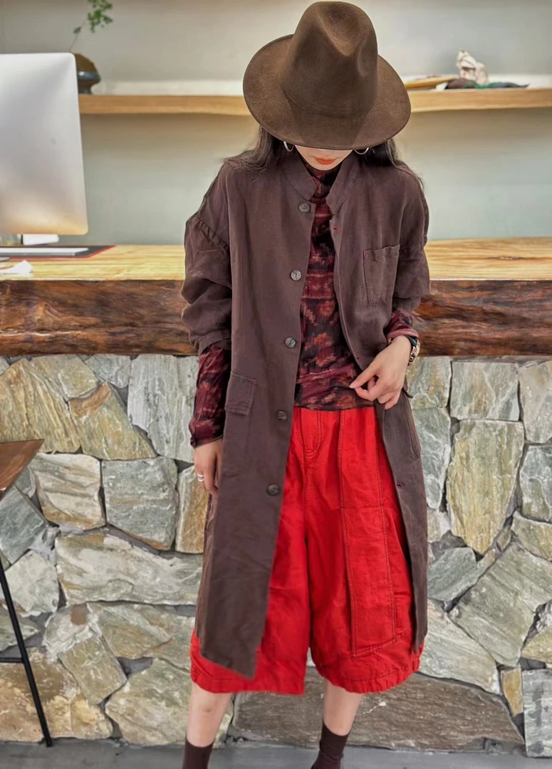 忆古朴拙原创新款亚麻风衣外套中长款后背开叉休闲百搭长袖外套