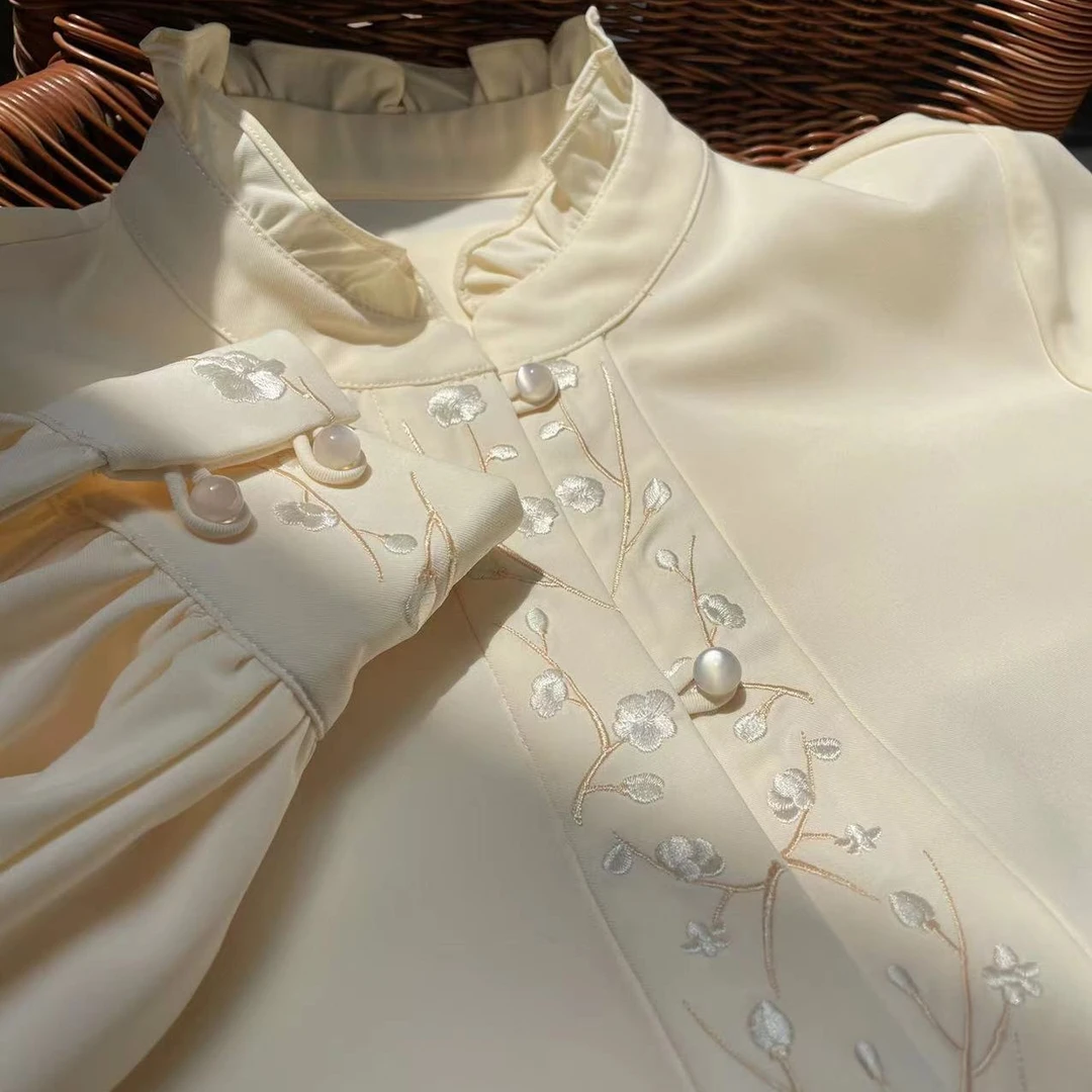 秋月白-【衬衣】国风对襟刺绣汉元素复古木耳边秋冬加厚衬衣
