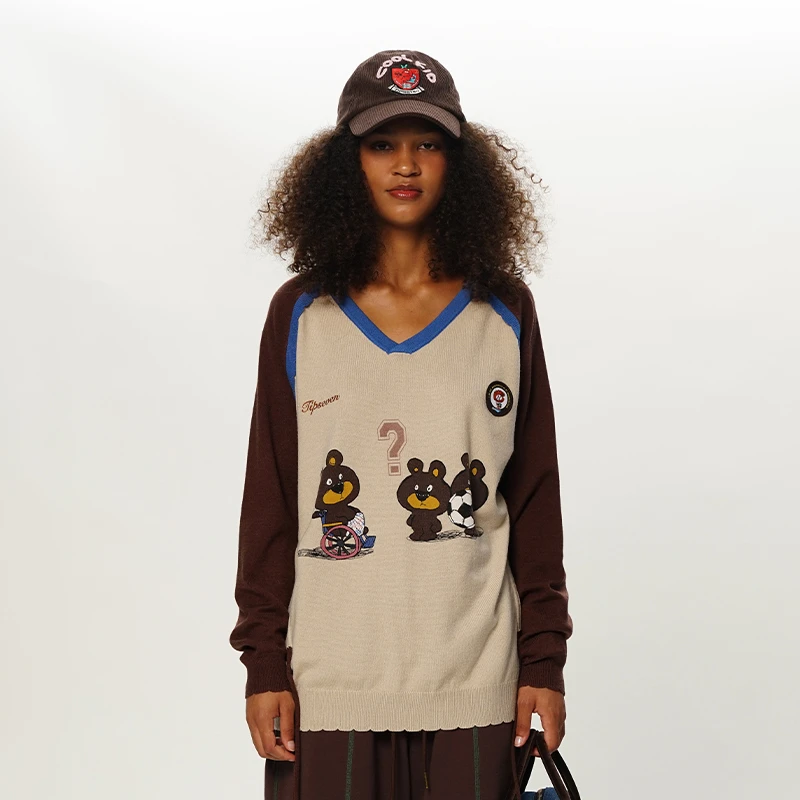 TIPSEVEN 原创设计夏日运动奥林劈叉系列三只小熊玩球插肩针织衫