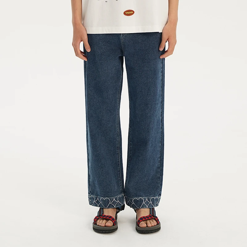 TIPSEVEN 原创设计做旧复古风中的小可爱长裤爱心刺绣直筒牛仔裤