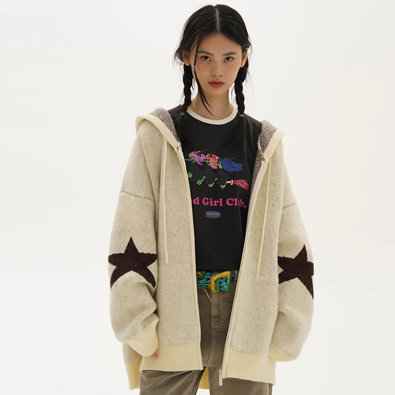 TIPSEVEN 原创设计美式复古宽松星星提花拉链毛衣外套秋季新款