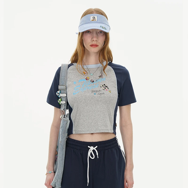 TIPSEVEN 原创设计快餐系列夏日元气少女双拼色字母印花短袖T恤新