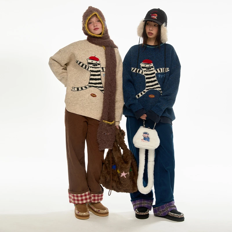 原创设计街头休闲百搭复古圆领宽松斑马纹猪猪提花毛衣