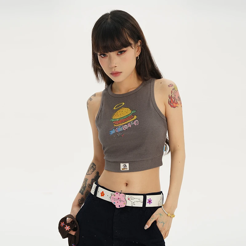 TIPSEVEN 原创设计春夏快餐系列甜辣风手绘牛角包印花短款背心新