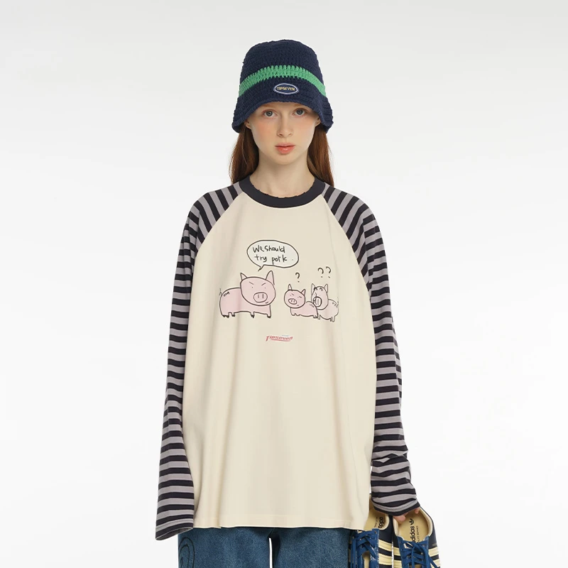 TIPSEVEN 原创设计 创意搞怪手臂条纹插肩袖T恤长袖简约秋季新款