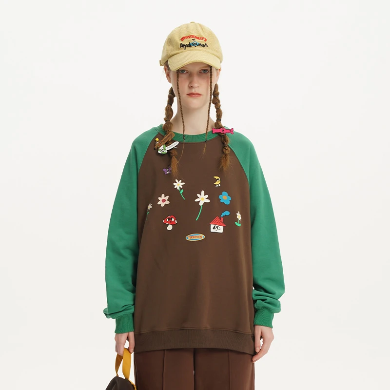 TIPSEVEN 原创设计 美式风格插肩袖撞色长袖圆领小花印花卫衣春新