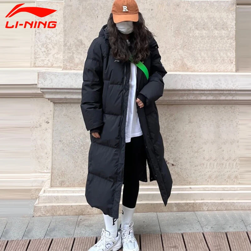 李宁长款羽绒服女士过膝连帽2025冬季新款中戏大衣运动服加厚外套