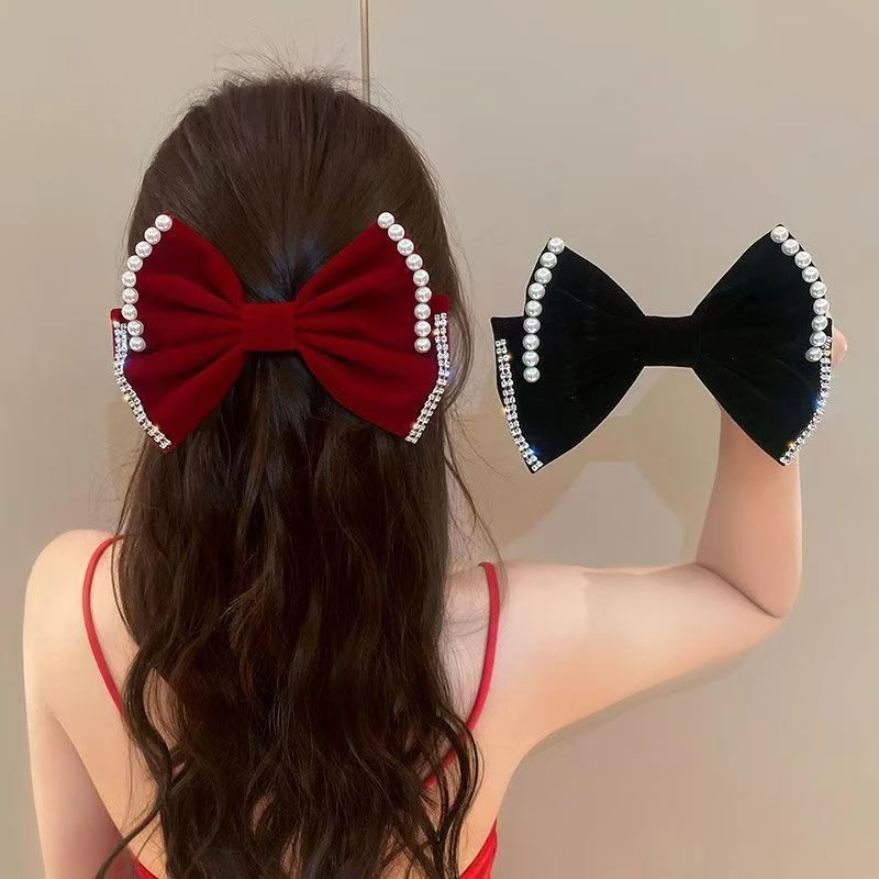 韩国新款红色蝴蝶结弹簧夹高级感珍珠镶边后脑勺发夹马尾夹发卡女