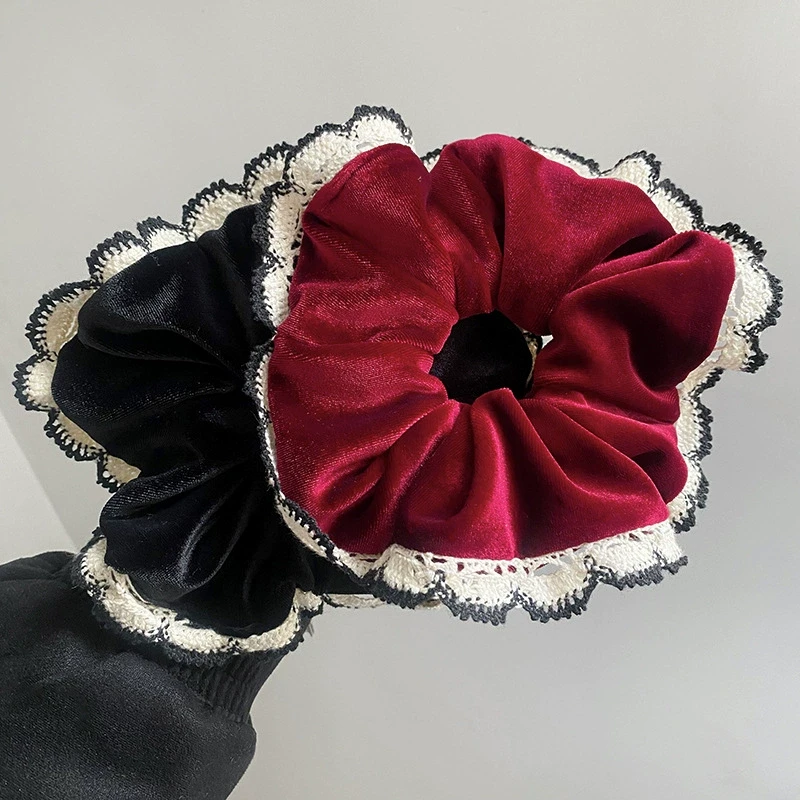 法式超韩系蕾丝花边丝绒大肠发圈女复古低马尾头绳丸子头发饰头饰