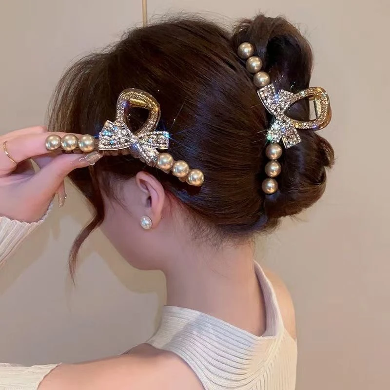 高级感水钻珍珠蝴蝶结抓夹女后脑勺大号发夹气质鲨鱼夹子头饰发卡