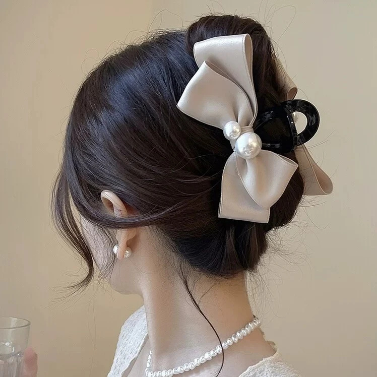 高级感珍珠蝴蝶结抓夹大号发夹女后脑勺盘发发饰气质鲨鱼夹子头饰