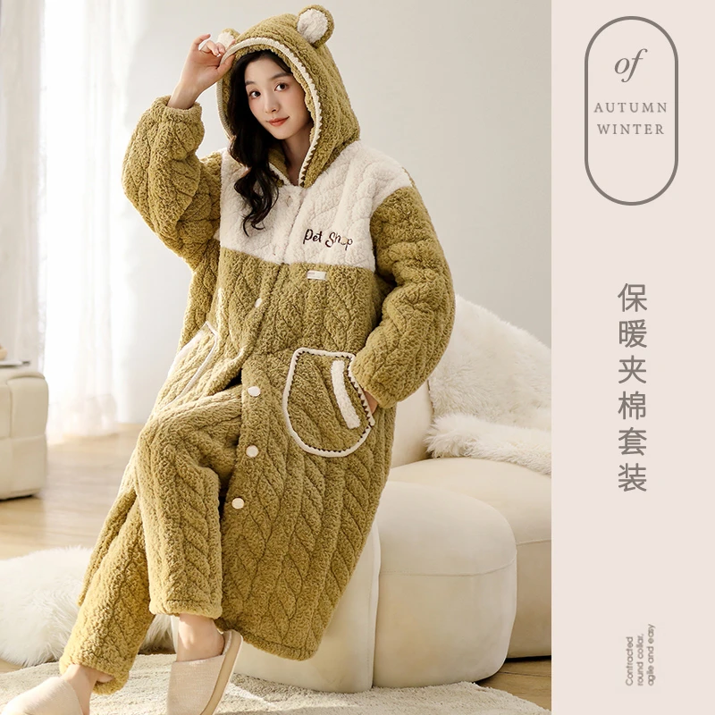 睡衣女长款过膝夹棉三层加厚加绒套装法兰绒睡袍连帽家居服可外穿