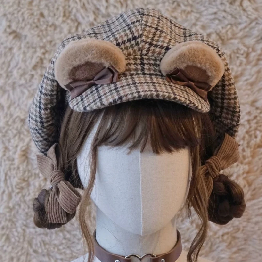 本守造原创手工小熊耳朵飞鸟格云朵帽八角帽美拉德棕色