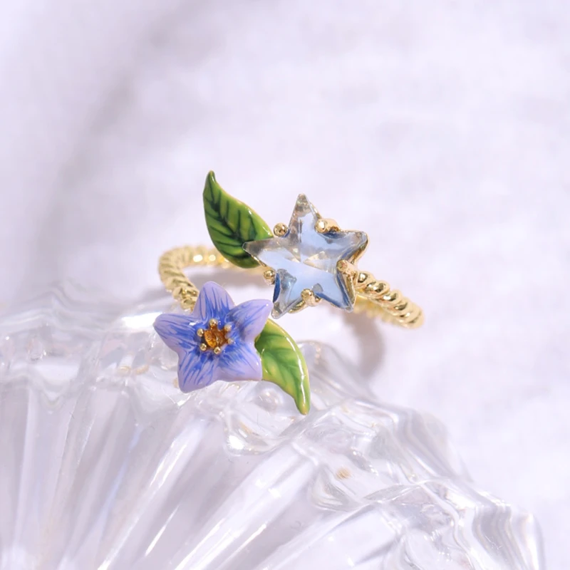 铜合金珐琅戒指 茄梦茉语系列紫色茄子花星钻开口戒指