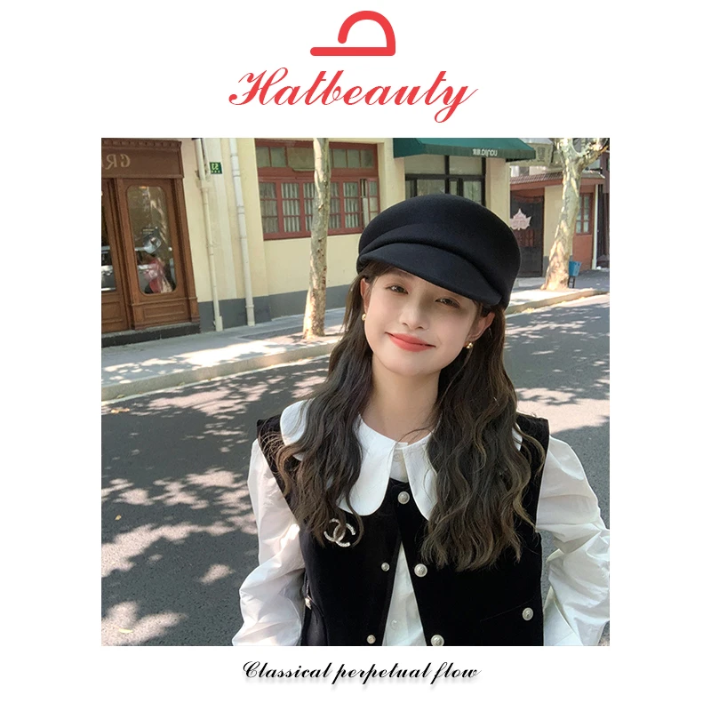 Hatbeauty-秋冬羊毛呢鸭舌帽子女显脸小不对称八角贝雷帽