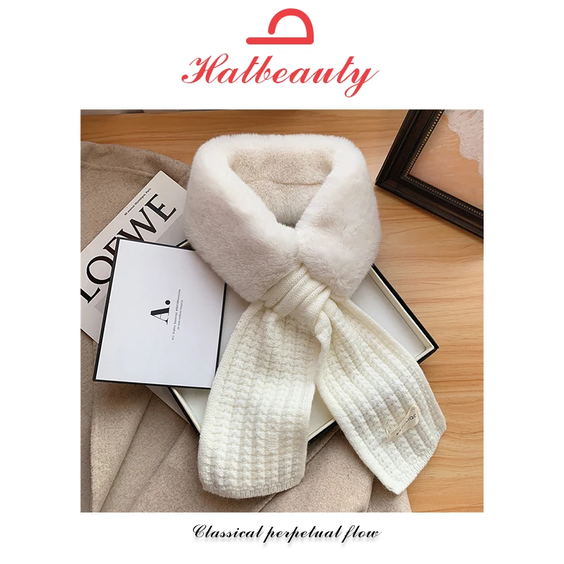 Hatbeauty-围巾女冬季高级感新款针织保暖围脖毛绒交叉百搭针织