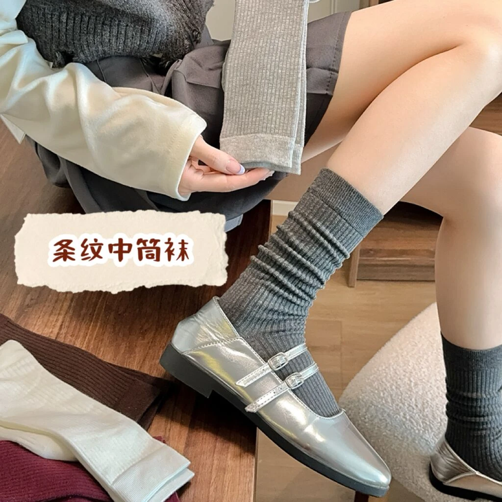 4双【经典条纹袜】秋冬精梳棉黑白灰中筒袜女堆堆袜