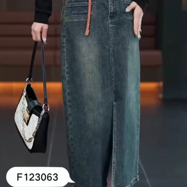 女士复古前开叉牛仔半身裙23063