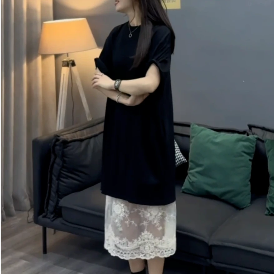 欧货简约气质个性通勤名媛洋气休闲T恤连衣裙配蕾丝裙两件套ins风