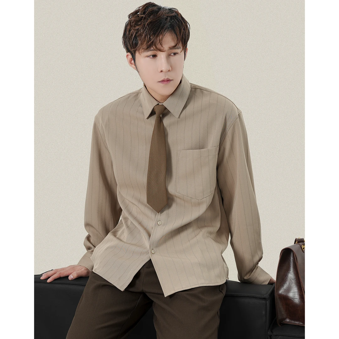 垂感刺绣纹理长袖衬衫男士春秋季潮流百搭简约纯色上衣内搭衬衣