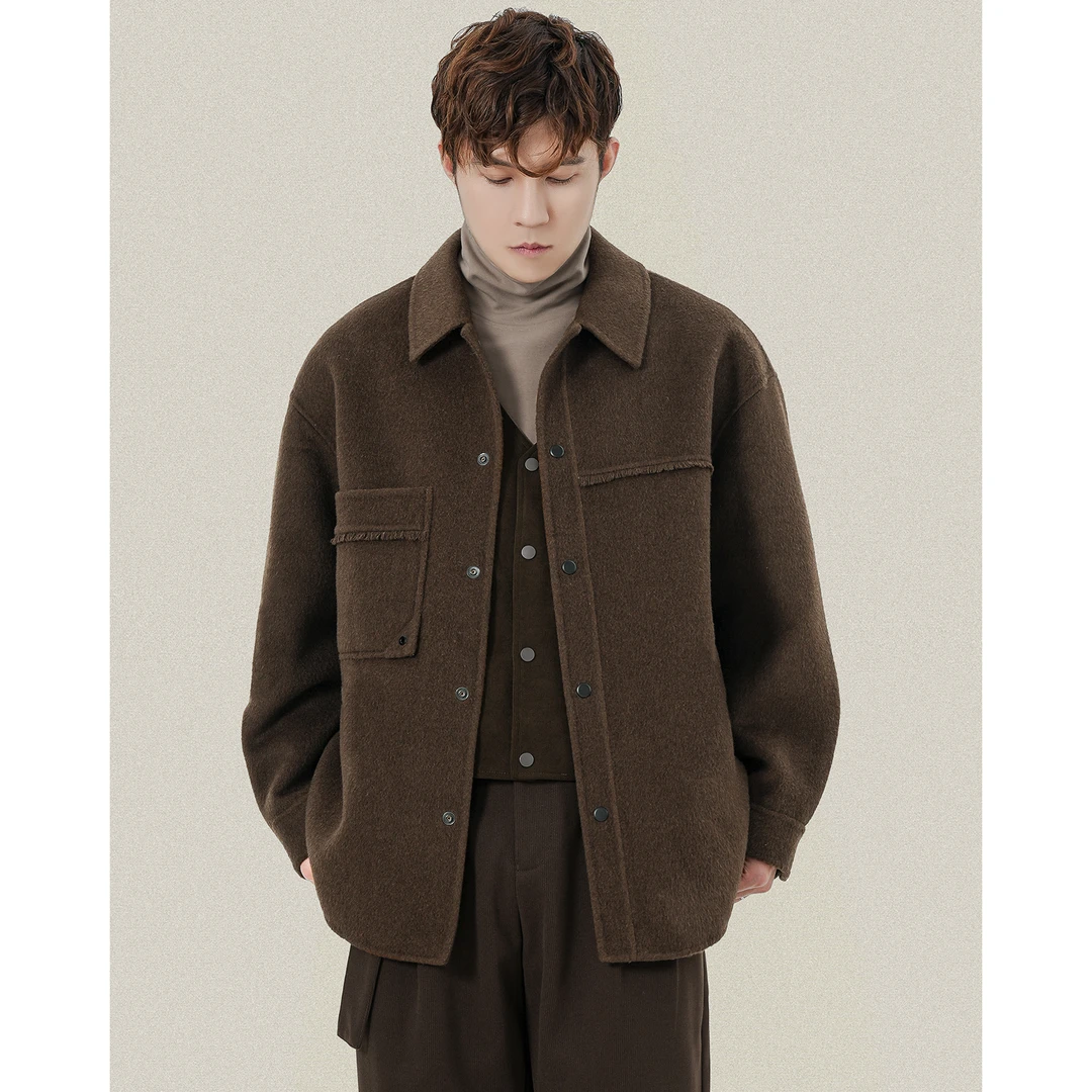 一手长双面呢外套毛呢大衣男短款冬季绵羊毛呢子设计翻领夹克外套