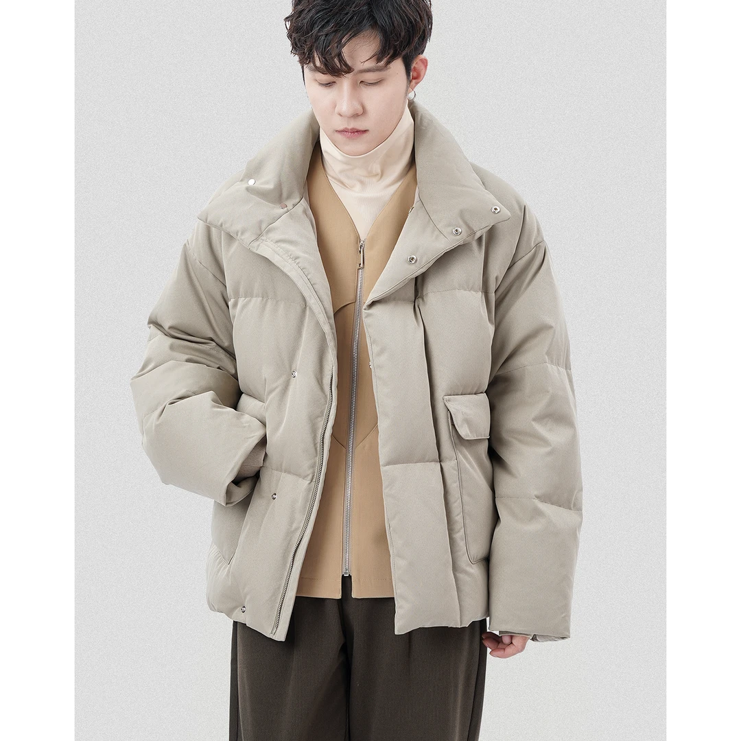 立领加厚保暖短款羽绒服男士冬季日系纯色白鸭绒面包服夹克男外套