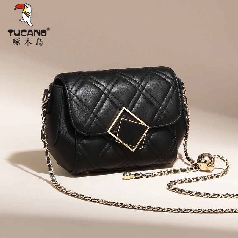 啄木鳥真皮女包2024春夏新品时尚小金球单肩斜挎包小香风小包包