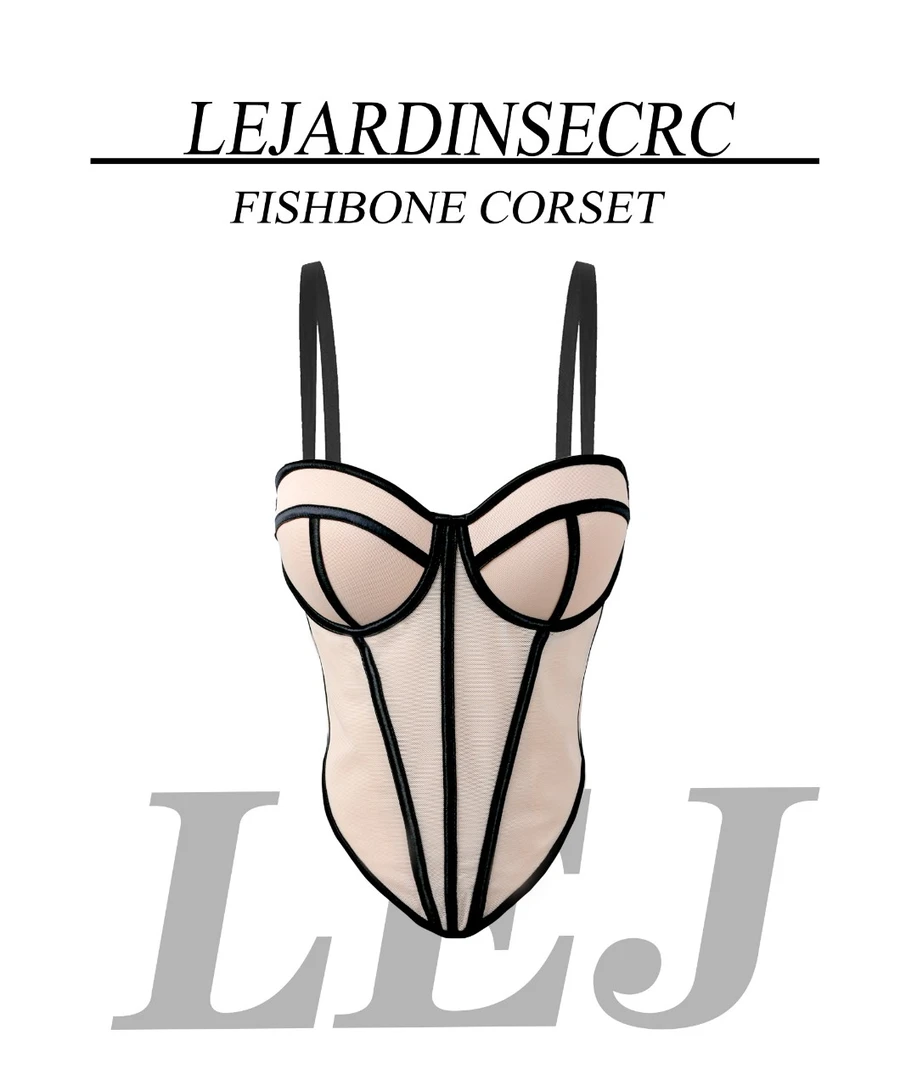 【法式内搭】鱼骨性感网纱抹胸露背设计感线条撞色束腰