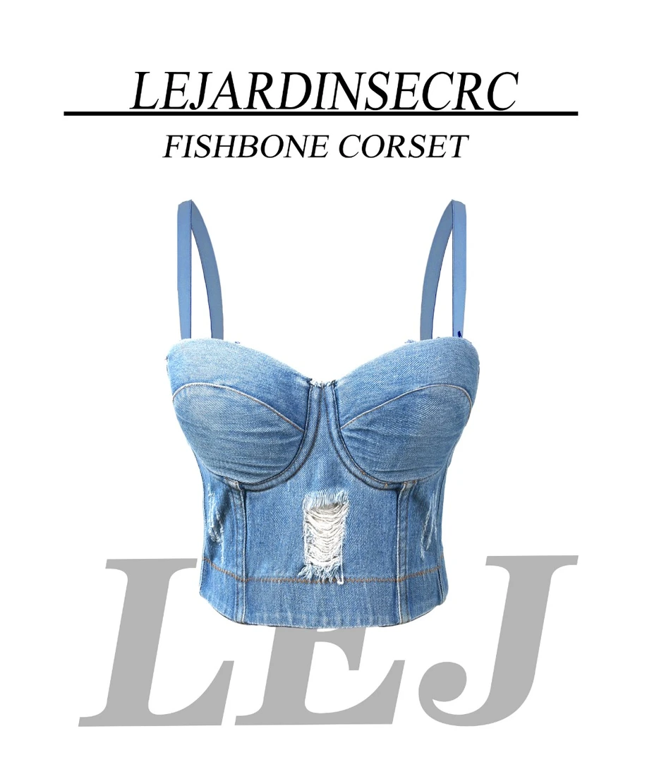 【法式内搭】欧美破洞牛仔吊带背心外穿露脐鱼骨抹胸免内衣
