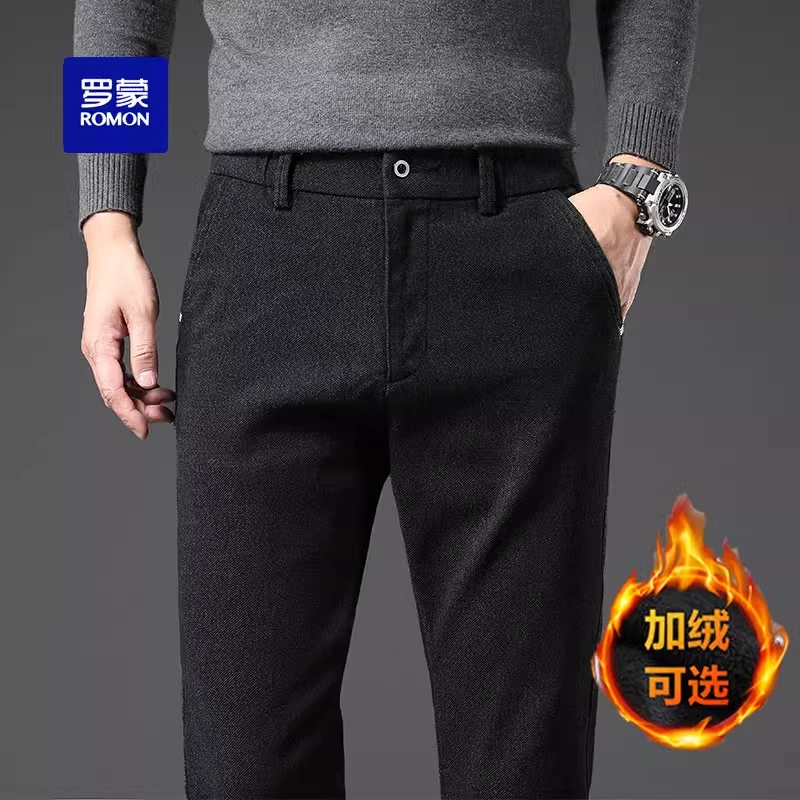 罗蒙休闲裤男士2024秋冬新款加绒加厚毛呢长裤子商务直筒修身男裤