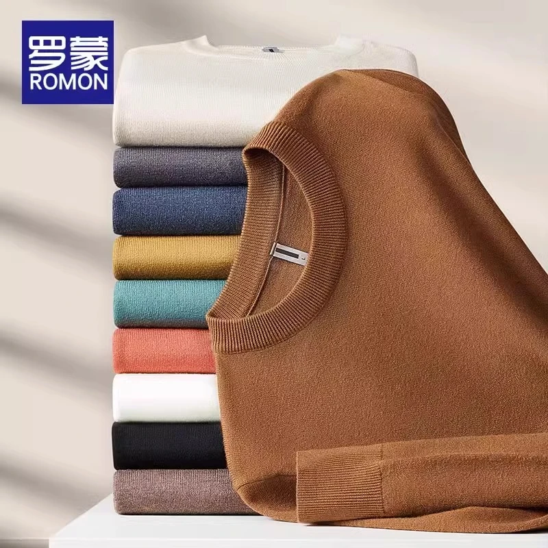 罗蒙圆领针织衫男2024秋冬季新款薄款纯色保暖百搭毛衣男士百搭