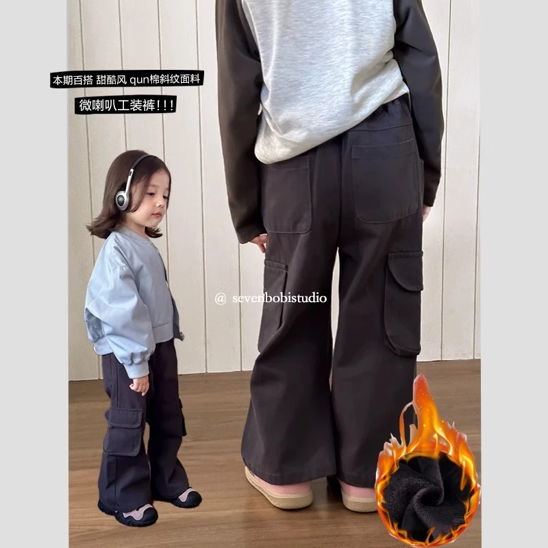 女童裤子加绒加厚2024新款童装中小童洋气秋冬装微喇叭工装裤潮装
