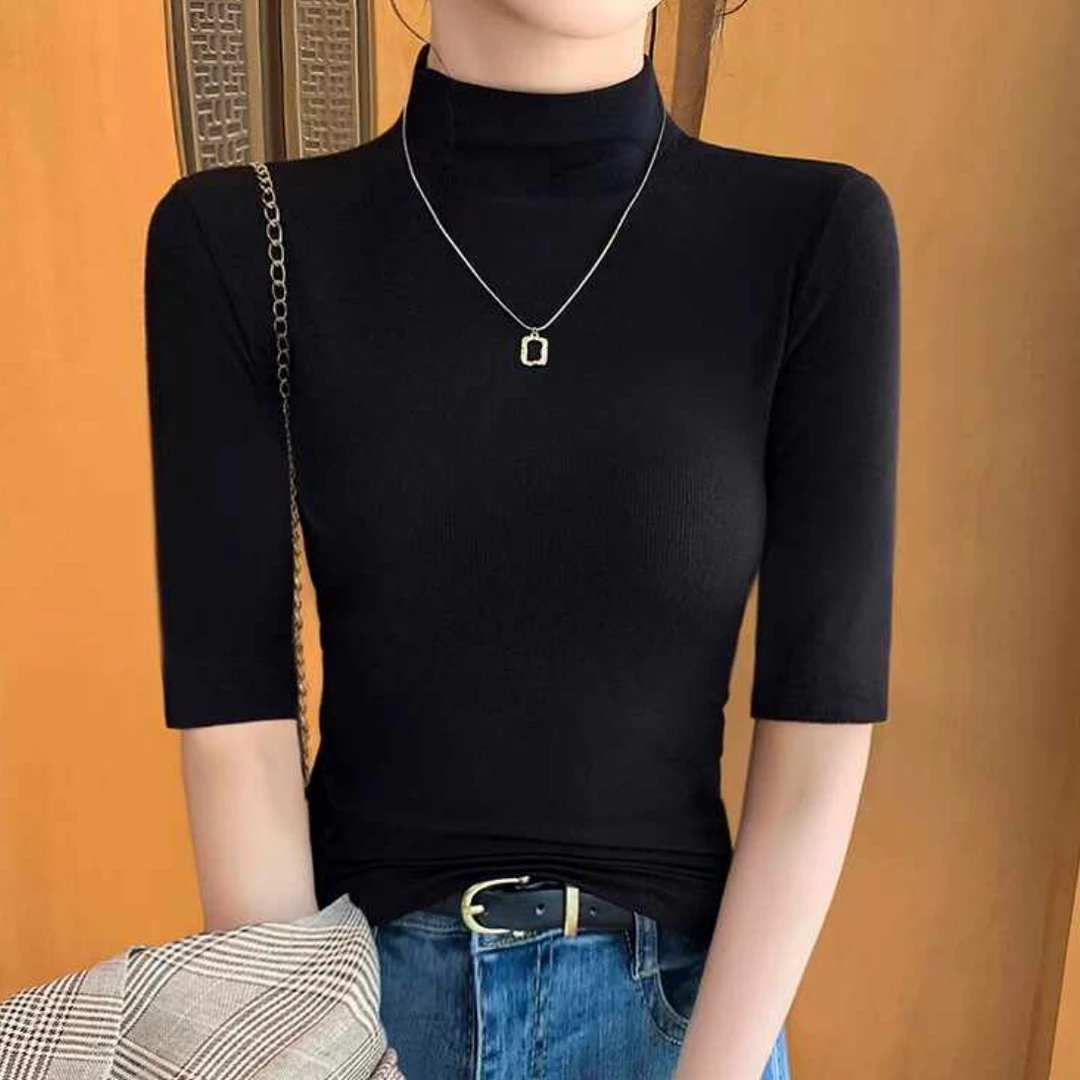 半高领中袖打底女2024新款秋冬季内搭五分袖黑色针织打底上衣