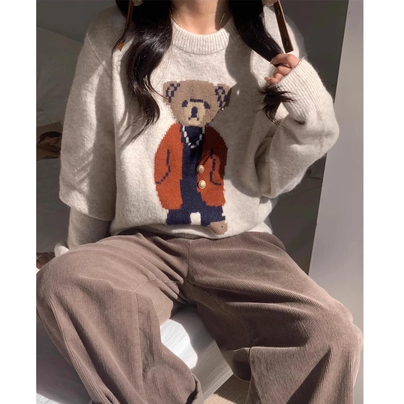 灰色套头圆领针织毛衣女秋装2024新款女款宽松时尚洋气长袖上衣女