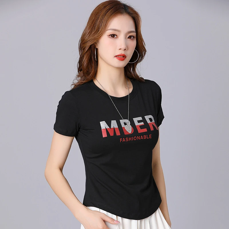 XVRV2024夏新款运动短袖T恤舞蹈棉休闲服印花字母时尚衣服成人女