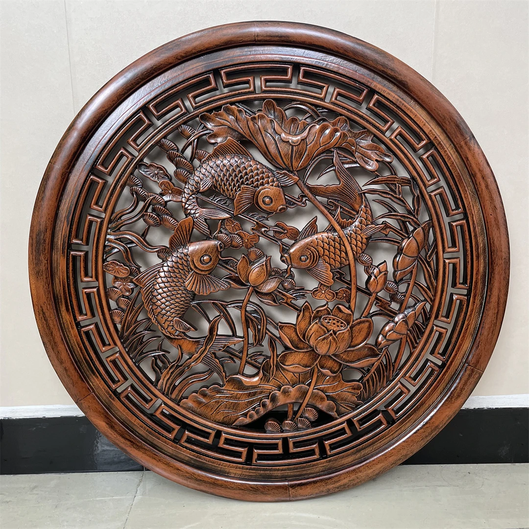 80x80cm 鲤鱼抱莲 香樟木实木玄关客厅装饰画