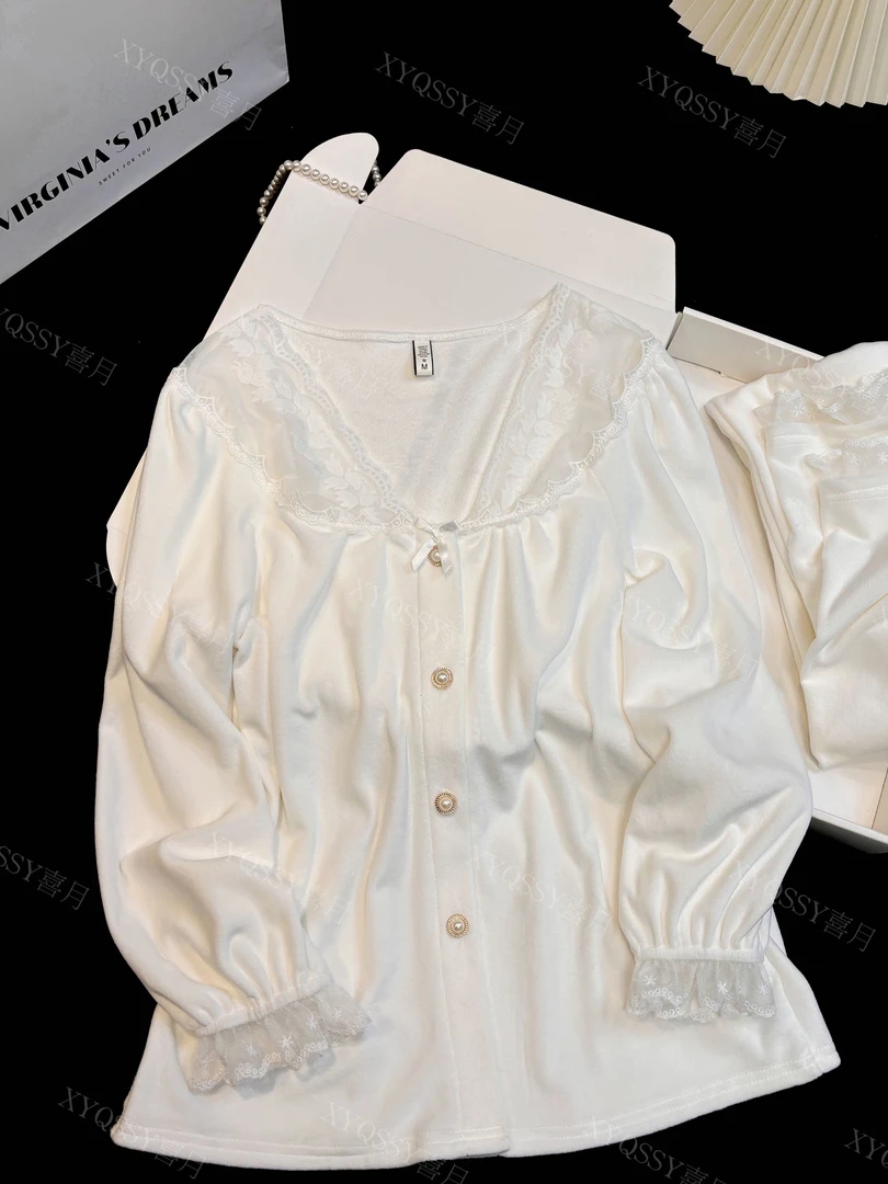 霜月新款法式秋冬气质蕾丝甜美睡衣女保暖家居服套装加绒厚可外穿