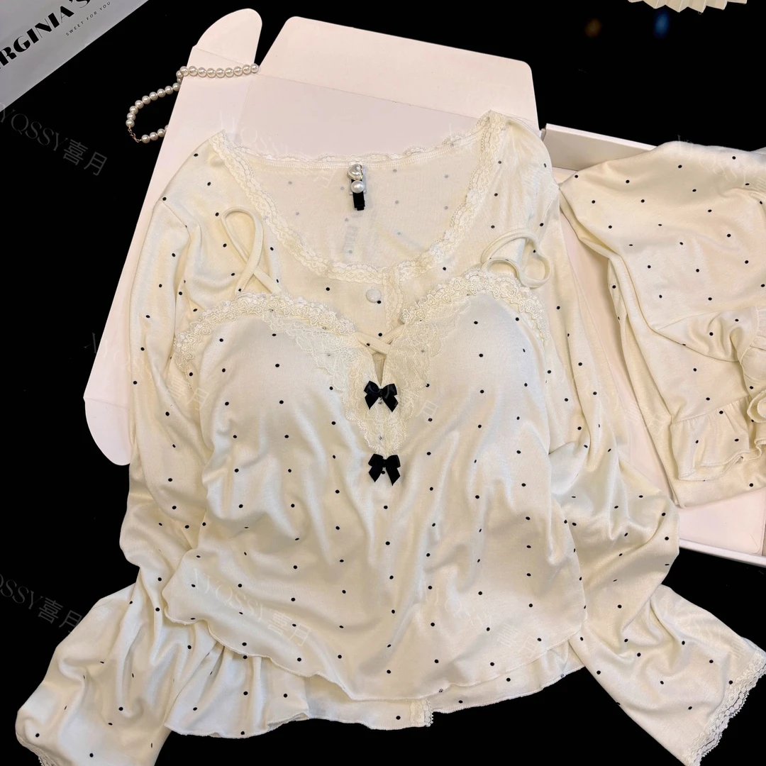 圆舞曲甜美少女波点代尔棉睡衣三件套舒适自带胸垫吊带可外家居服